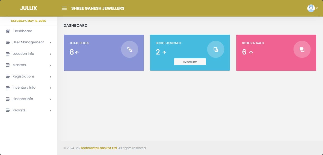 Jullix jewellery inventory dashboard screenshot