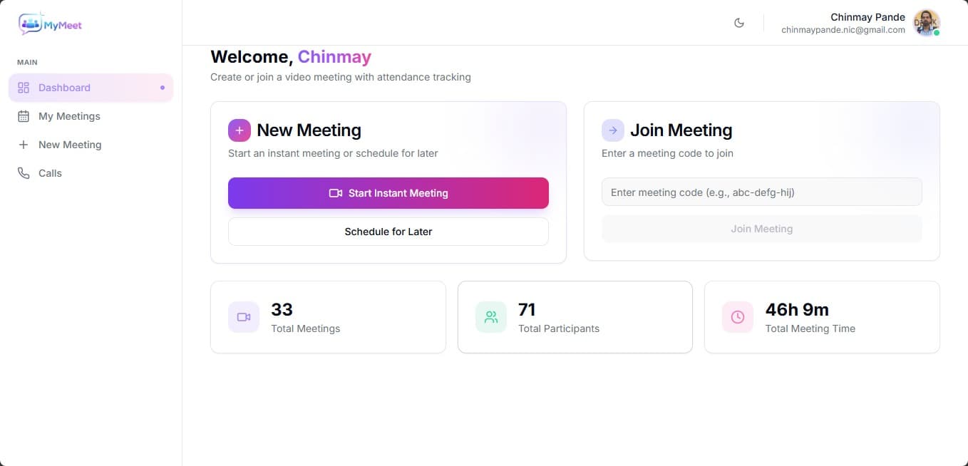 MyMeet dashboard screenshot
